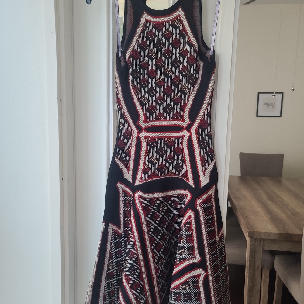 Herve Leger Black and Red Geometric Midi Dress